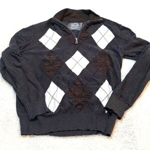 Men's L Sweater Standard Fit Argyle Pattern Dark Gray Cream Brown